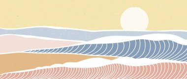 Yaratıcı minimalist modern sanat baskısı. Soyut okyanus dalgası ve dağ estetik arka planlar. Deniz, ufuk çizgisi, dalga. vektör çizimleri