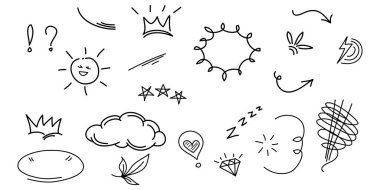 Doodle set cartoon expressions effects. Design elements star, cloud, heart, flash, crown for concept design. isolated on white background