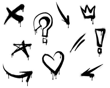 Sprey boyalı grafiti tacı, yıldız, ok, kalp ve ünlem damlası sembolü. Beyaz arka planda izole edilmiş. vektör illüstrasyonu