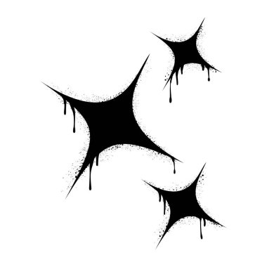 Sprey boyalı graffiti ışıltı simgesi. Siyah üstüne beyaz. Yıldızlar parlayan damlalar sembolü. Beyaz arka planda izole edilmiş. vektör illüstrasyonu