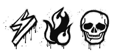 Sprey boyalı duvar yazıları kafatası koleksiyonu, ateş alevi ve beyazdan önce siyah ışık. Beyaz arka planda izole edilmiş. vektör illüstrasyonu
