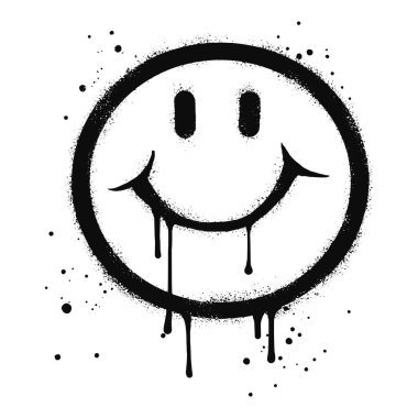 gülen surat emoji karakteri. Sprey boyalı grafiti gülümseyen yüz beyaza siyaha boyanmış. Beyaz arka planda izole edilmiş. vektör illüstrasyonu