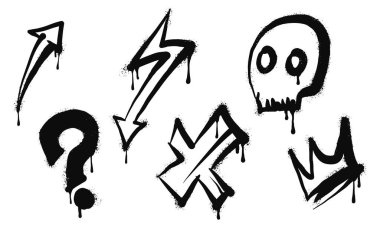 Sprey boyalı grafiti koleksiyonu gülen surat, Crown, Arrow, kafatası, gök gürültüsü ve çapraz sembol. Beyaz arka planda izole edilmiş. vektör illüstrasyonu