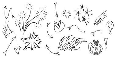 Tasarım elementinin el çizimi koleksiyonu. Vurgu, girdap, ok, kalp, aşk, taç, ateş alevi, yıldız, havai fişek, vurgu metni ve vurgu elementi. kavram tasarımı için kullan