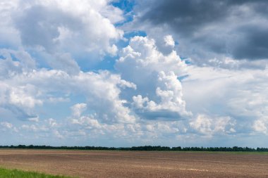 Güneşli havada, arka planda güzel beyaz Cumulus bulutları.