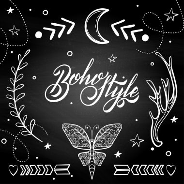 Vector Set of Boho Style Elements Lettering Calligraphy text. Tattoo template. Trendy hand drawn tribal Gypsy symbol collection.