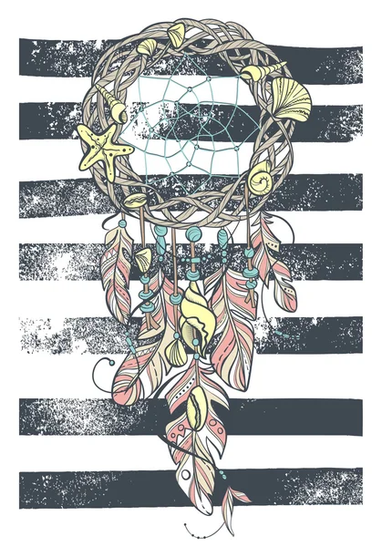 Vektör Dreamcatcher Muska Deniz Stili, Tüyler ve Kabukları ile Kızılderili Hint tılsım