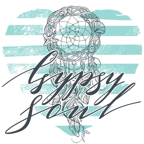 Vektör Dreamcatcher Muska Deniz Stili, Tüyler ve Kabukları ile Kızılderili Hint tılsım