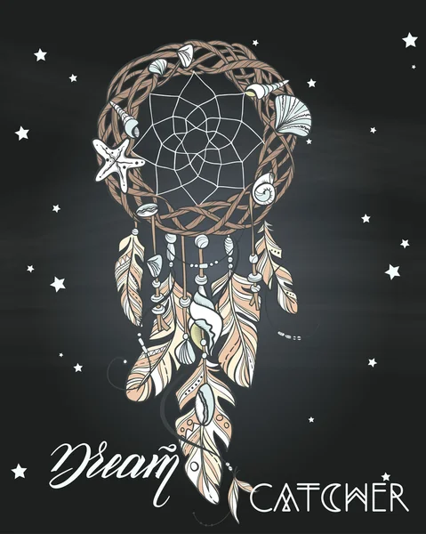 Vector Dreamcatcher Amulet of Sea Style, nativo americano indiano talismã com penas e conchas — Vetor de Stock