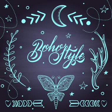 Vector Set of Boho Style Elements Lettering Calligraphy text. Tattoo template. Trendy hand drawn tribal Gypsy symbol collection.
