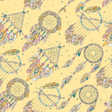 Vector Seamless Pattern with Different Dream Catcher Amulet.Can be used as ornament of textile, dress pattern, cover for gadget