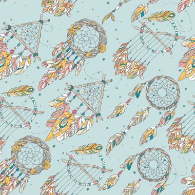 Vector Seamless Pattern with Different Dream Catcher Amulet.Can be used as ornament of textile, dress pattern, cover for gadget
