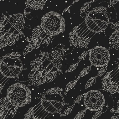Vector Seamless Pattern with Different Dream Catcher Amulet.Can be used as ornament of textile, dress pattern, cover for gadget