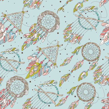 Vektör Seamless modeli ile farklı Dream Catcher muska. Tekstil, elbise modeli, kapak gadget için süs olarak kullanılan