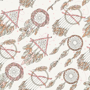 Vector Seamless Pattern with Different Dream Catcher Amulet.Can be used as ornament of textile, dress pattern, cover for gadget