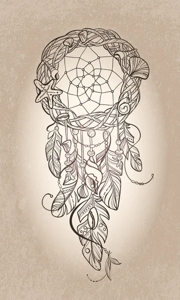 Vector Dreamcatcher Amulet of Sea Style, индейский талисман с перьями и раковинами — стоковый вектор