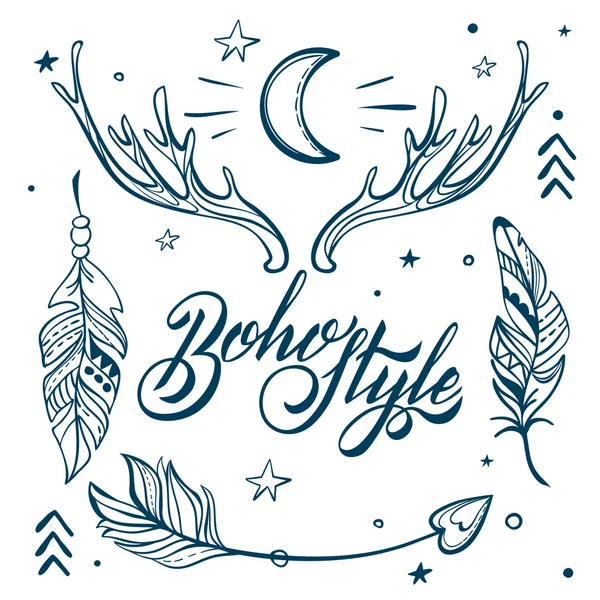 Ensemble vectoriel d'éléments de style Boho, texte de calligraphie lettrage. Modèle de tatouage. Tendance dessinée à la main collection de symboles tsiganes tribaux . — Image vectorielle