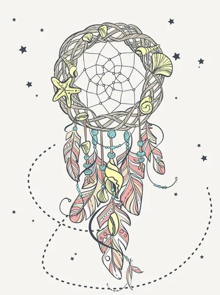 Vector Dreamcatcher Amulet of Sea Style, nativo americano indiano talismã com penas e conchas —  Vetores de Stock