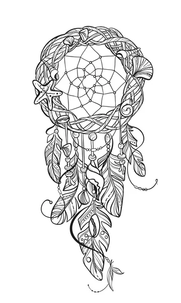 Vector Dreamcatcher Amulet of Sea Style, nativo americano indiano talismã com penas e conchas — Vetor de Stock