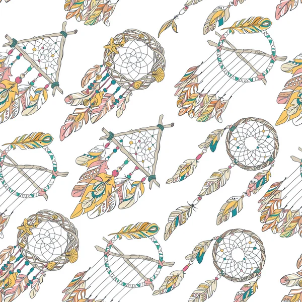 Vector Seamless Pattern with Different Dream Catcher Amulet.Can be used as ornament of textile, dress pattern, cover for gadget — Stockvector