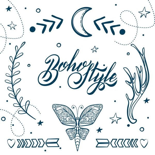 Vector Set of Boho Style Elements, Lettering Calligraphy text. Tattoo template. Trendy hand drawn tribal Gypsy symbol collection. — ストックベクタ