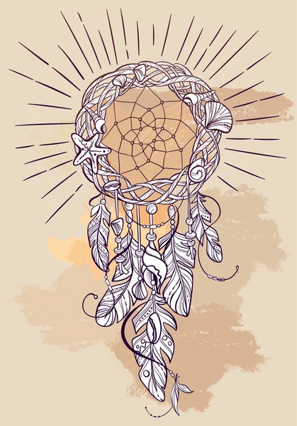 Vector Dreamcatcher Amulet of Sea Style, Native amerikansk indisk Talisman med fjädrar och snäckor — Stock vektor