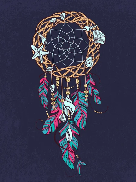 Vector Dreamcatcher Amulet of Sea Style, Native amerikansk indisk Talisman med fjädrar och snäckor — Stock vektor