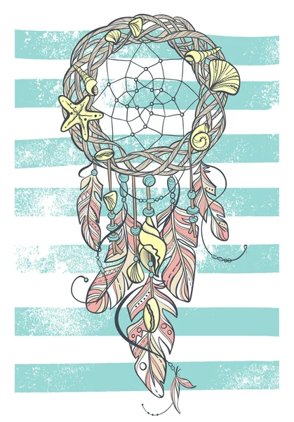 Vector Dreamcatcher Amulet of Sea Style, Native amerikansk indisk Talisman med fjädrar och snäckor — Stock vektor