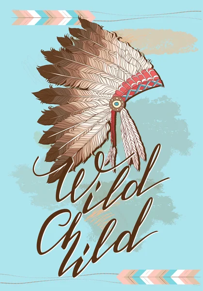 Cappello capo indiano nativo americano con citazione Wild Child.Vector Illustrazione a colori del cappello capo tribù indiano piuma — Vettoriale Stock
