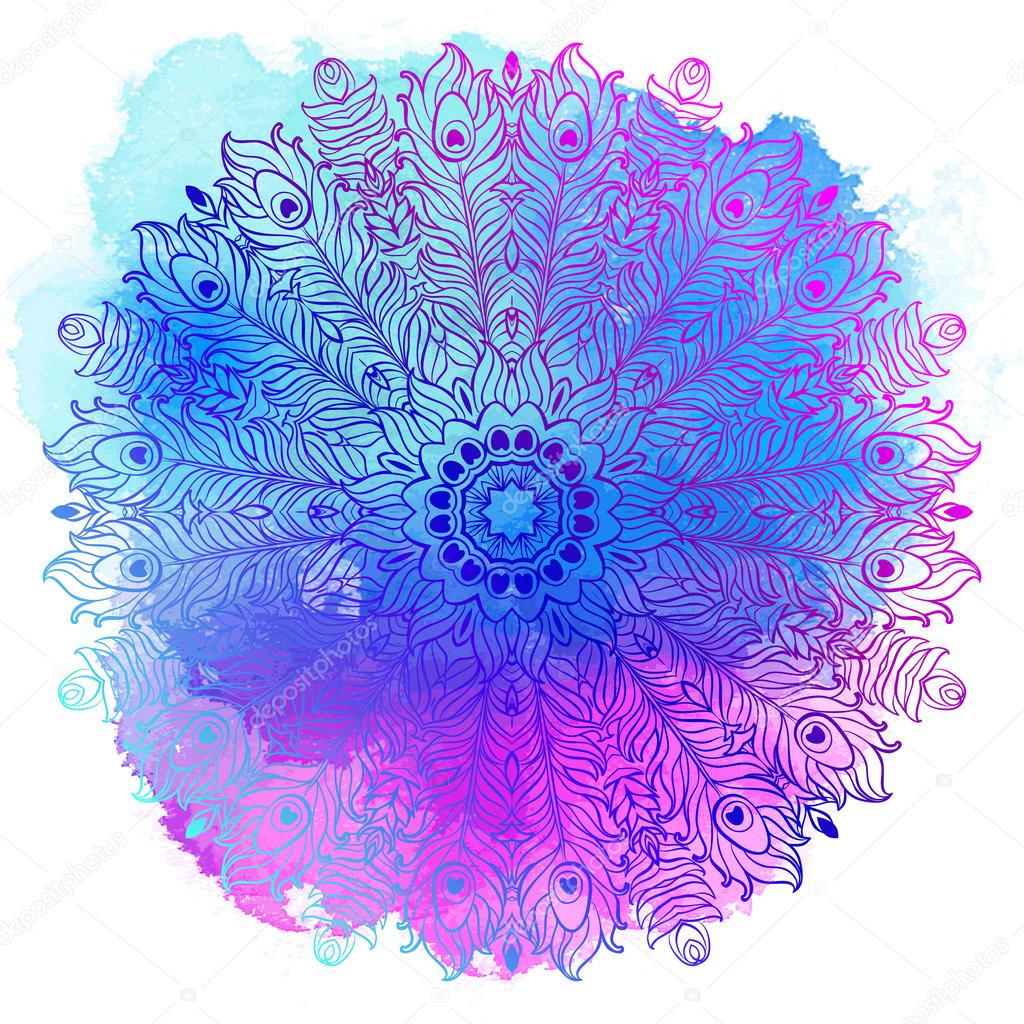 Vector Ethnic Mandala on a colorful watercolor background. Vinta