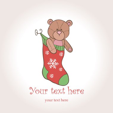 Vector Christmas Card. Teddy Bear in the Sock clipart