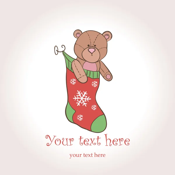 Tarjeta de Navidad vectorial. Osito de peluche en el calcetín — Vector de stock