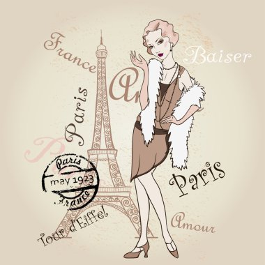 Vektör Retro Paris. Fashinable kız