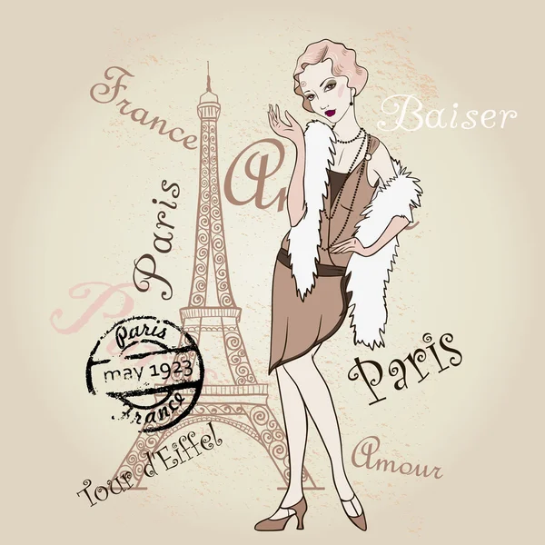 Vektör Retro Paris. Fashinable kız — Stok Vektör