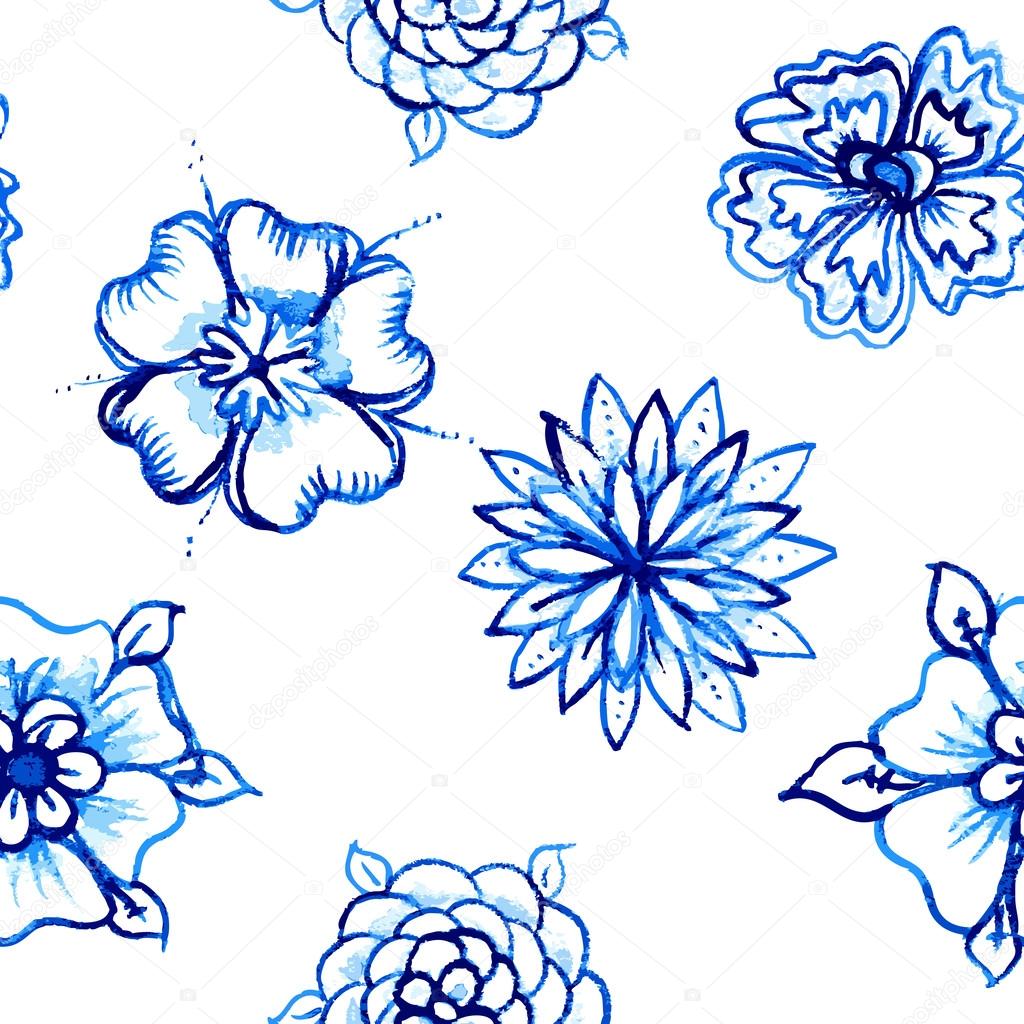 Vector Seamless pattern with Watercolor Flowers