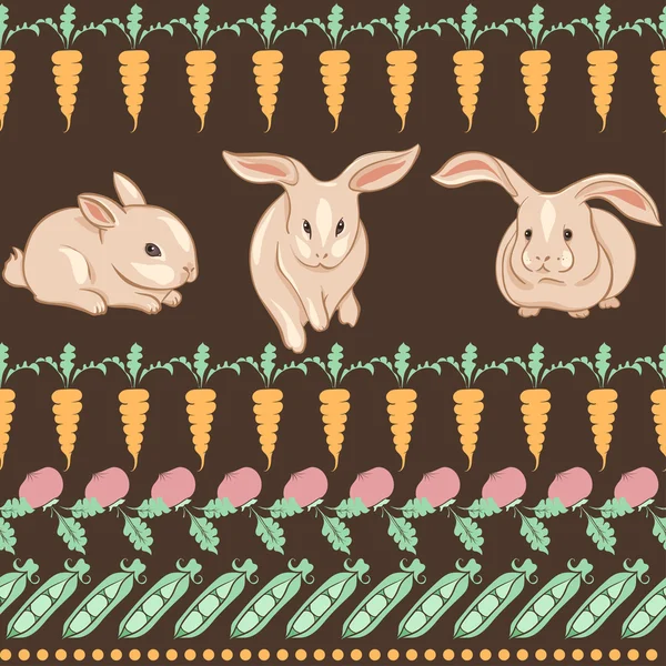 Seamless Background with Rabbits and different vegetables — Stock fotografie