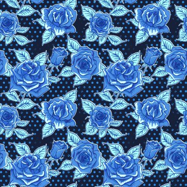  Beautiful Blue Roses Background. Floral Seamless Pattern