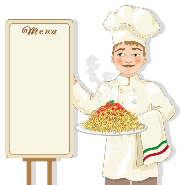 Chef italiano com espaguete e menu grande — Vetor de Stock