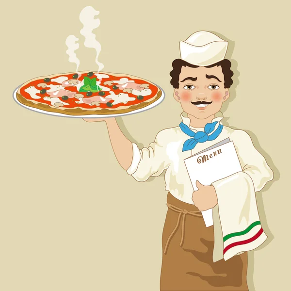 Smiling Pizza Chef with Pizza - Stok Vektor