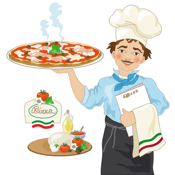 Sorridente pizzaiolo con pizza — Vettoriale Stock