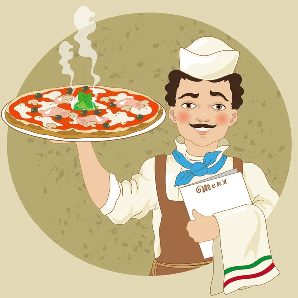 Smiling Pizza Chef with Pizza — Stock Vector