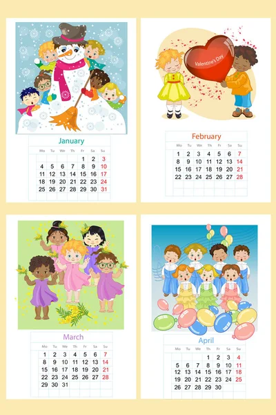 子供とのカレンダーの最初の4ヶ月1月2月3月4月 — ストックベクタ