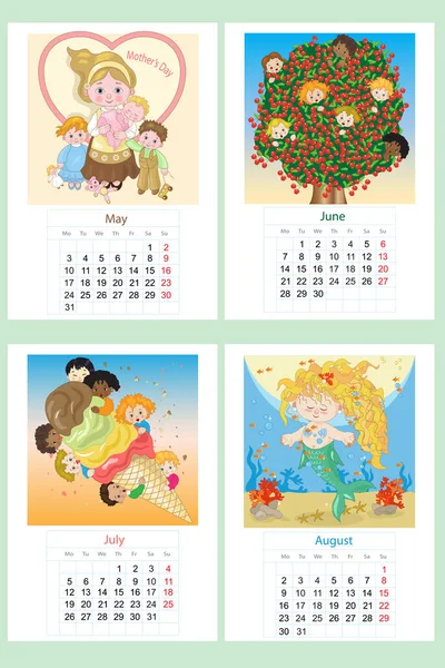 Four Month Calendar Children May June July August — Stock Vector