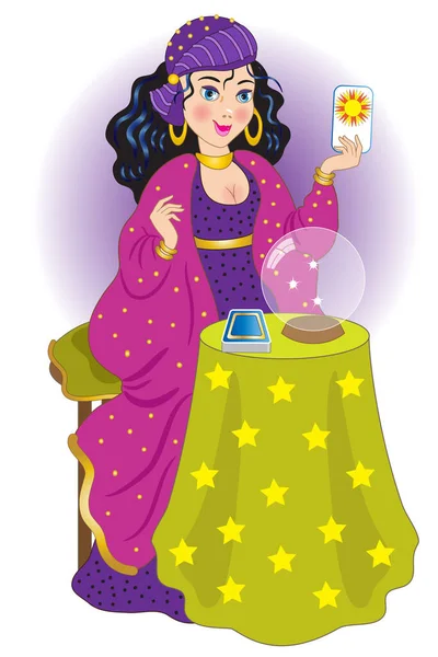 Sonriente Adivino Con Tarot Pie Con Mesa Pequeña Bola Cristal — Vector de stock