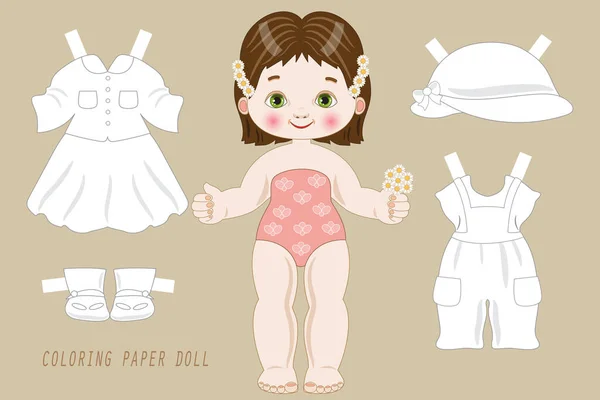 Koleksiyon Için Renkli Elbiseli Kağıt Bebek Kız Oyunu Için — Stok Vektör