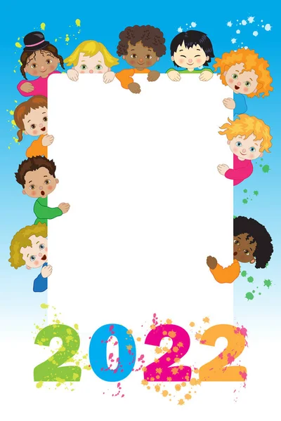 Children Placard Wish Happy New Year 2022 — Stock Vector