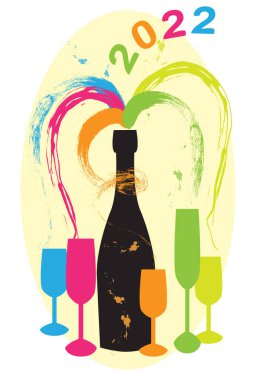 Black silhouette of bottle with splashes of colored sparkling wine and glasses to celebrate two thousand twenty-two