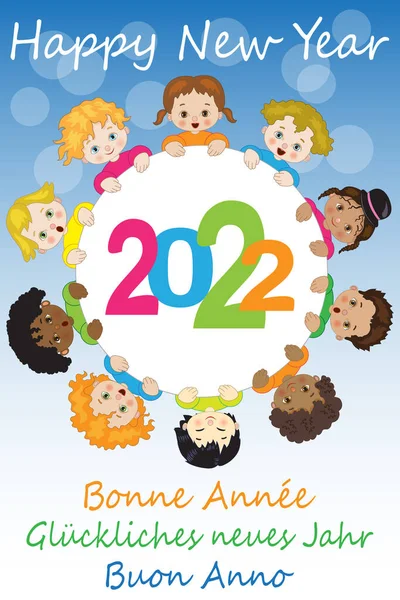 Cheerful Children Circle Celebrate New Year Two Thousand Twenty Two — Stock Vector