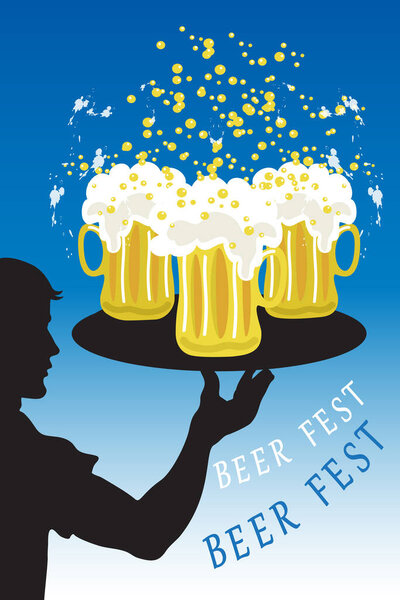 Черный силуэт официанта, держащего поднос с кувшинами пива, чтобы отпраздновать Октоберфест