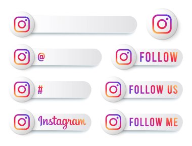 Çok renkli logolu Instagram Düğmeleri Koleksiyonu. Modern Simgelerle Beyaz Sosyal Medya Etiketleri, Sembol, Şarkı, Banner. Güzel Modern Şekile sahip 3B Yuvarlak Düğme Şablonları.